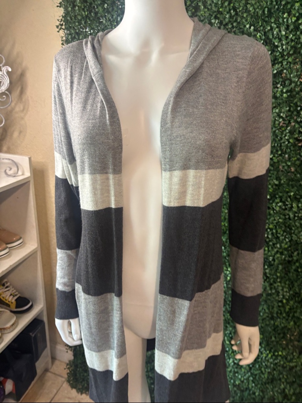 Cupio Hooded Open-Front Striped Cardigan - Gray & Cream